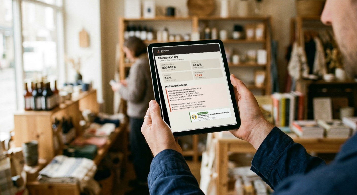 Yrittäjä lukee liikkeessään tabletilta Punnus-kuukausianalyysiä: tunnusluvut tilikauden alusta ja asiantuntijan kirjoittama tulkinta.